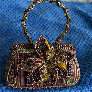 MARY FRANCIS Purple Green HAND Beaded Floral Multi-Tone Evening Bag RARE EUC